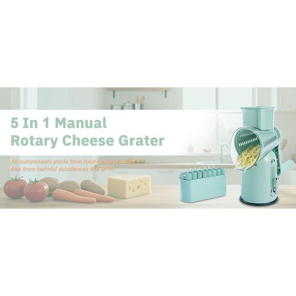 Manual Rotary Cheese Grater 5-in-1 with Suction Base Vegetable Slicer Green - Picture 14 of 16